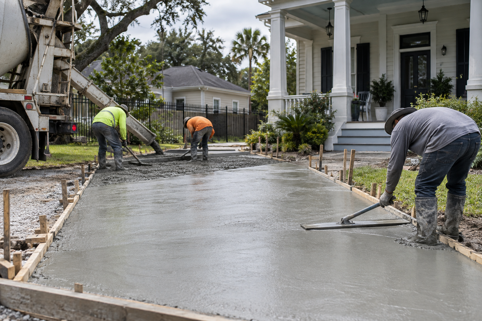 Concrete crew finishing a residential driveway
