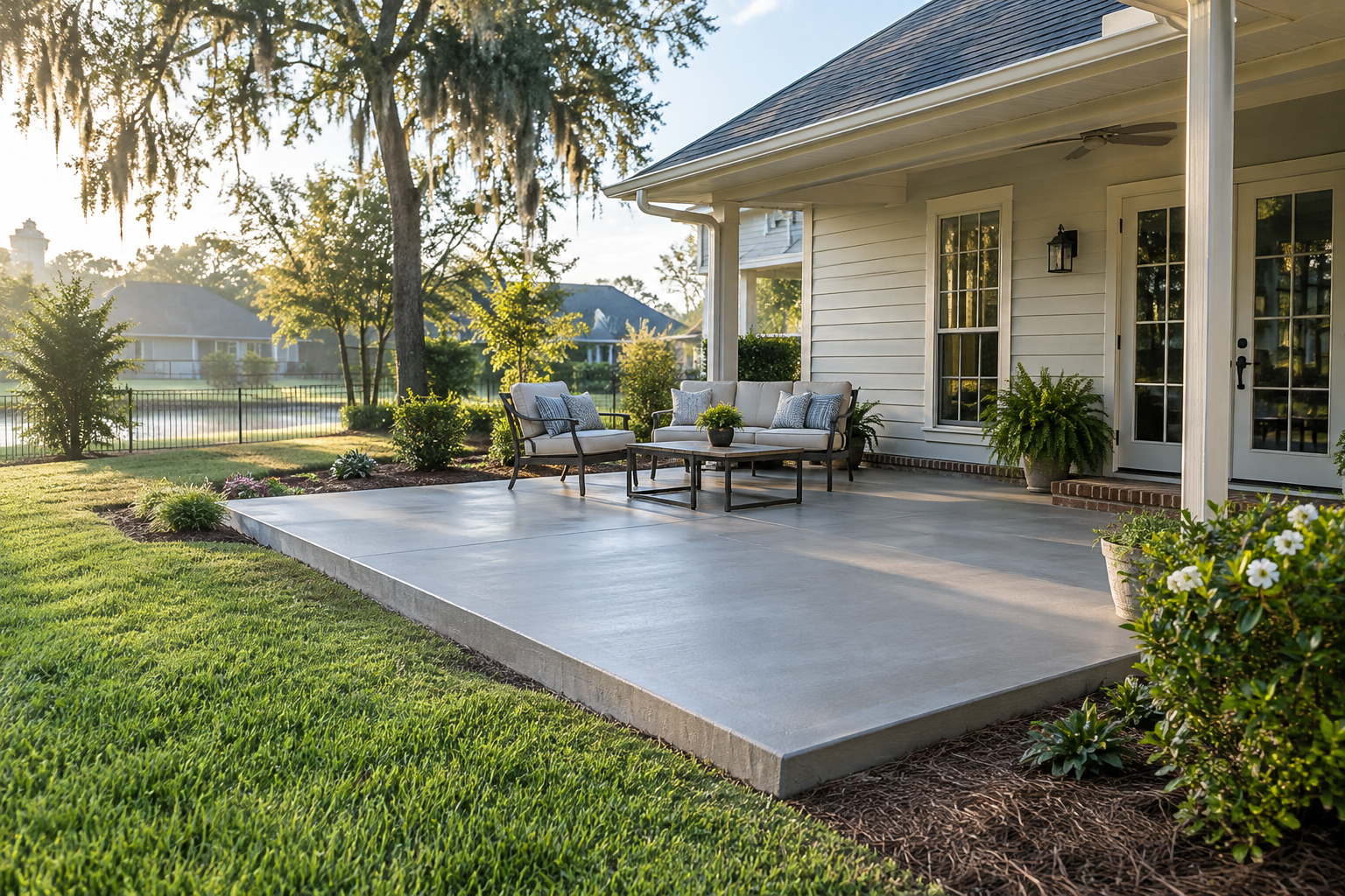 Finished concrete patio beside a Louisiana home
