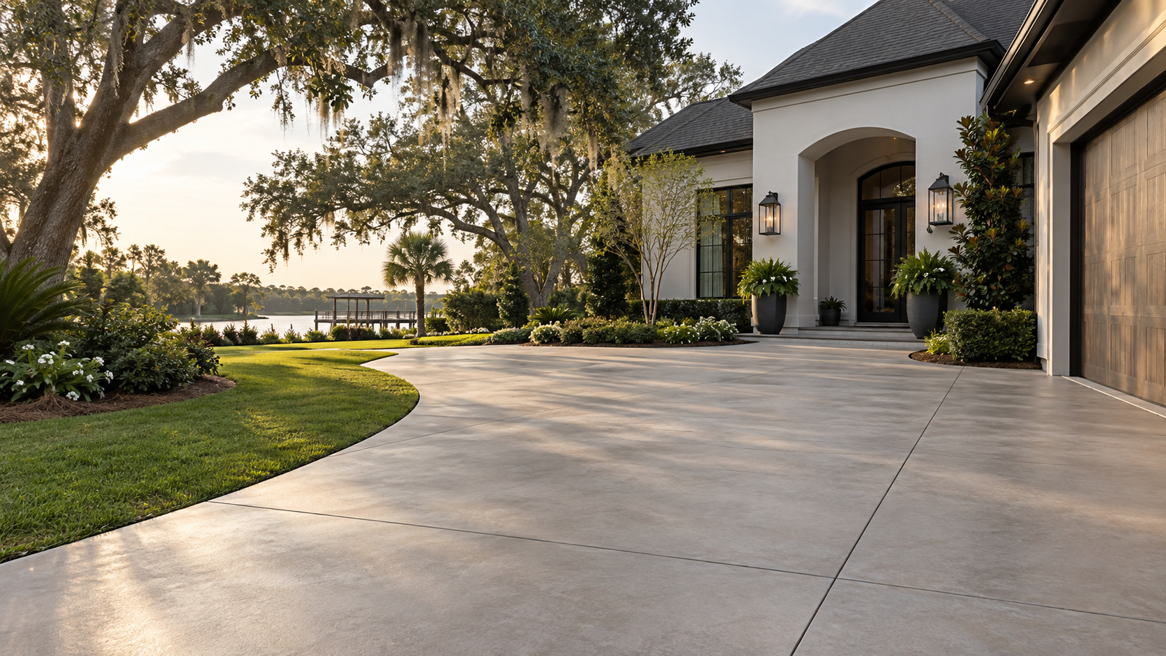 Concrete driveway and front entry at a landscaped Louisiana home